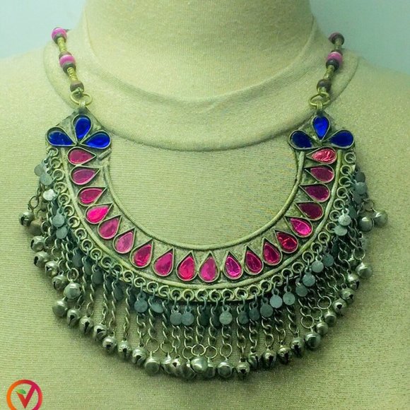 Beaded Chain Choker Necklace With Pink Glass Stones, Tribal Statement - Picture 1 of 9